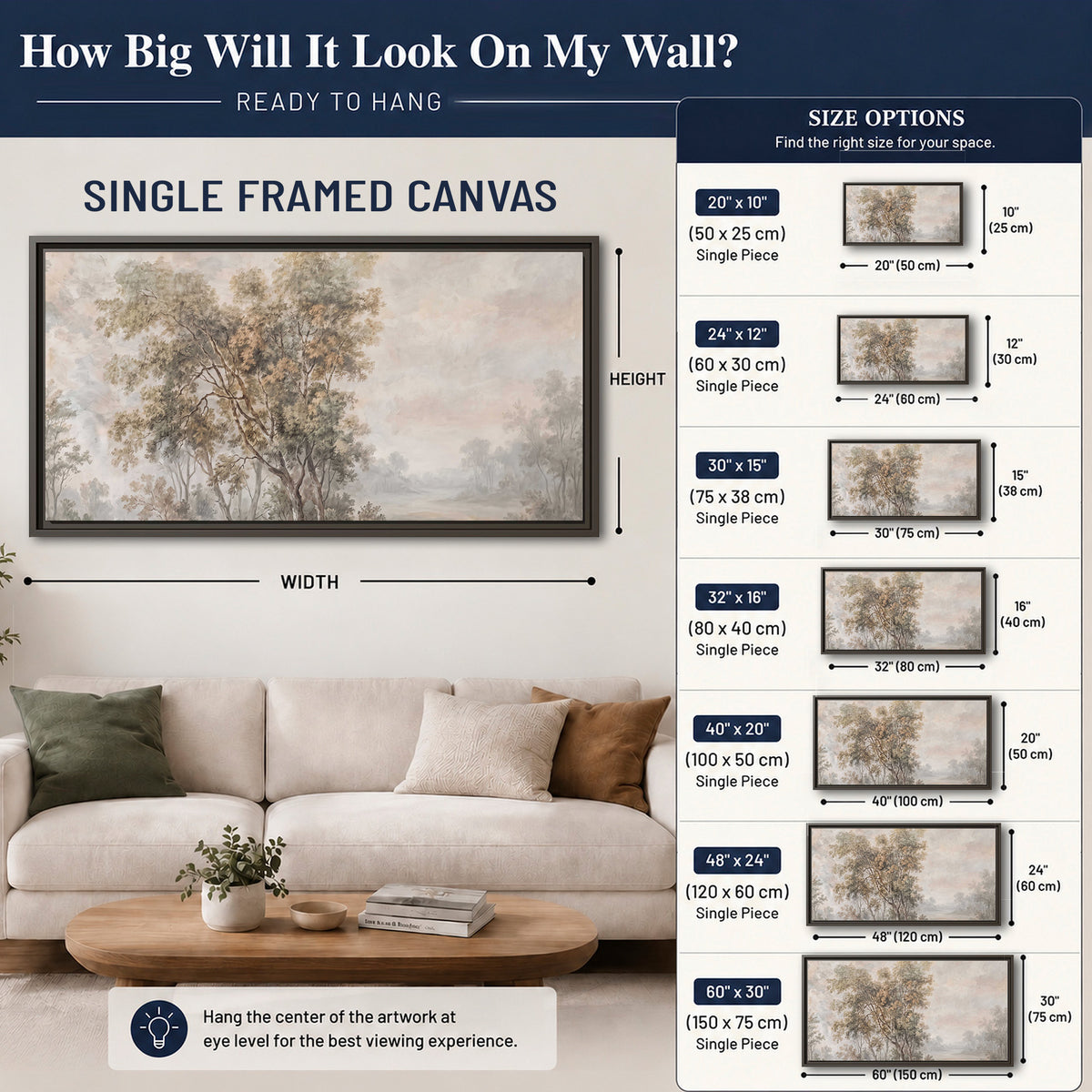 Delicate golden foliage and a hazy pastel countryside single framed canvas wall art size guide above a sofa; room view is illustrative