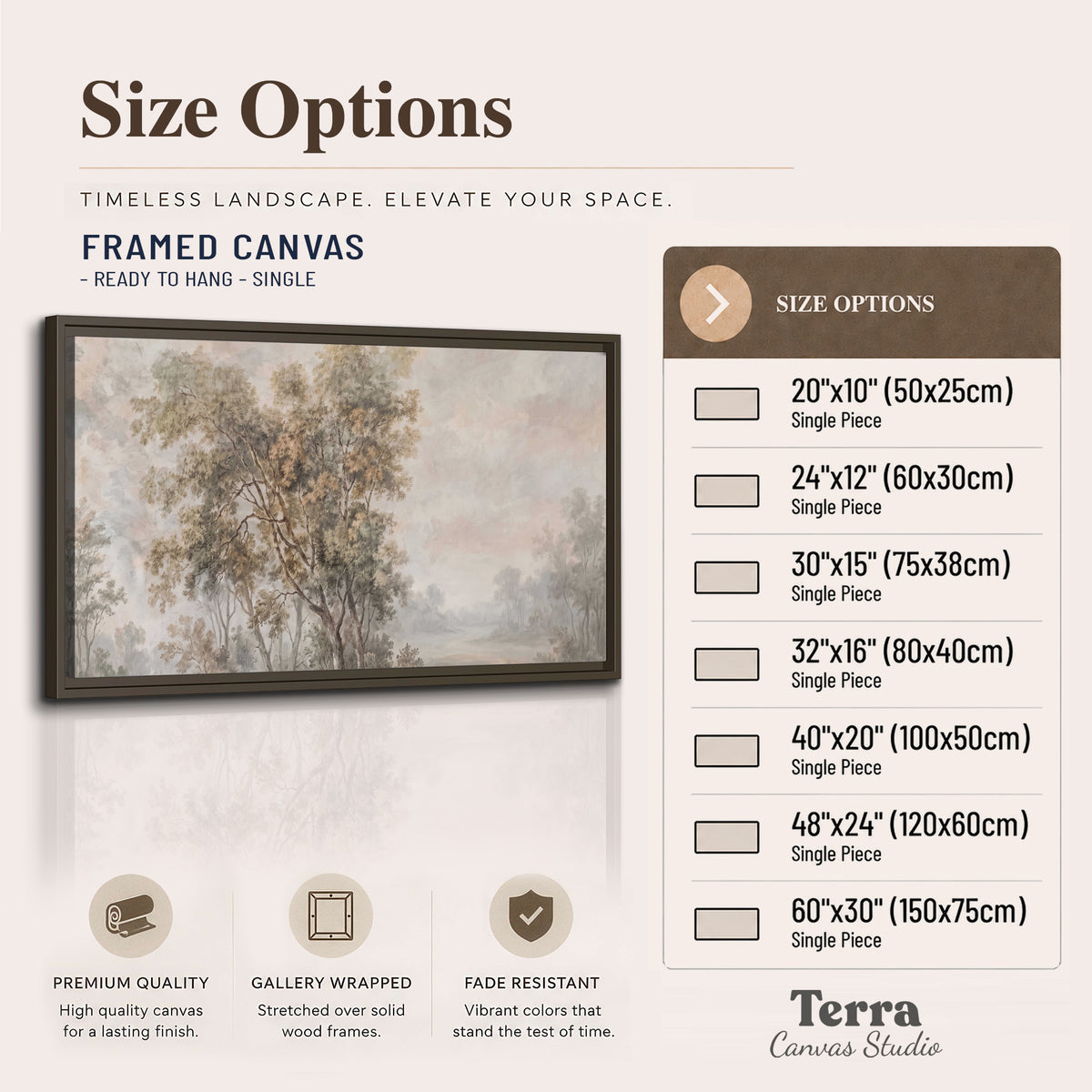 Delicate golden foliage and a hazy pastel countryside single framed canvas wall art available dimensions