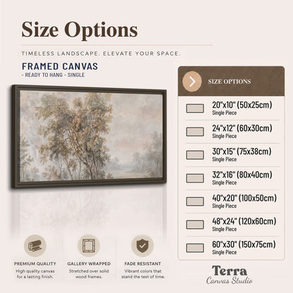 Delicate golden foliage and a hazy pastel countryside single framed canvas wall art available dimensions