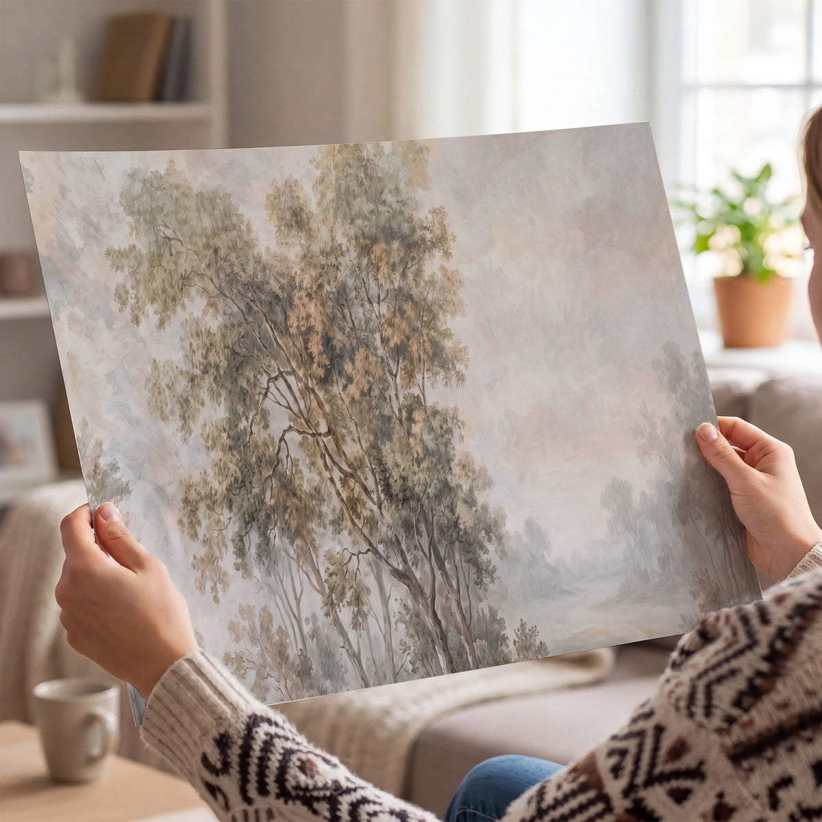 Delicate golden foliage and a hazy pastel countryside single poster print held in hands