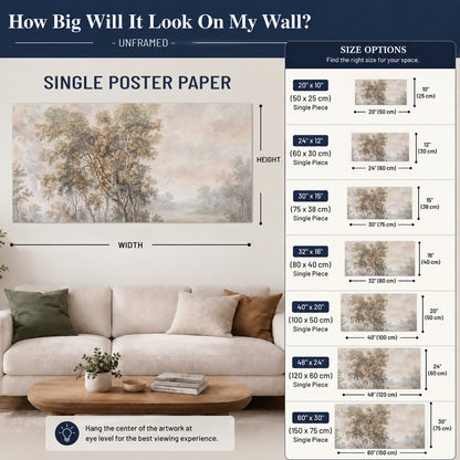 Delicate golden foliage and a hazy pastel countryside single poster print size guide above a sofa; room view is illustrative