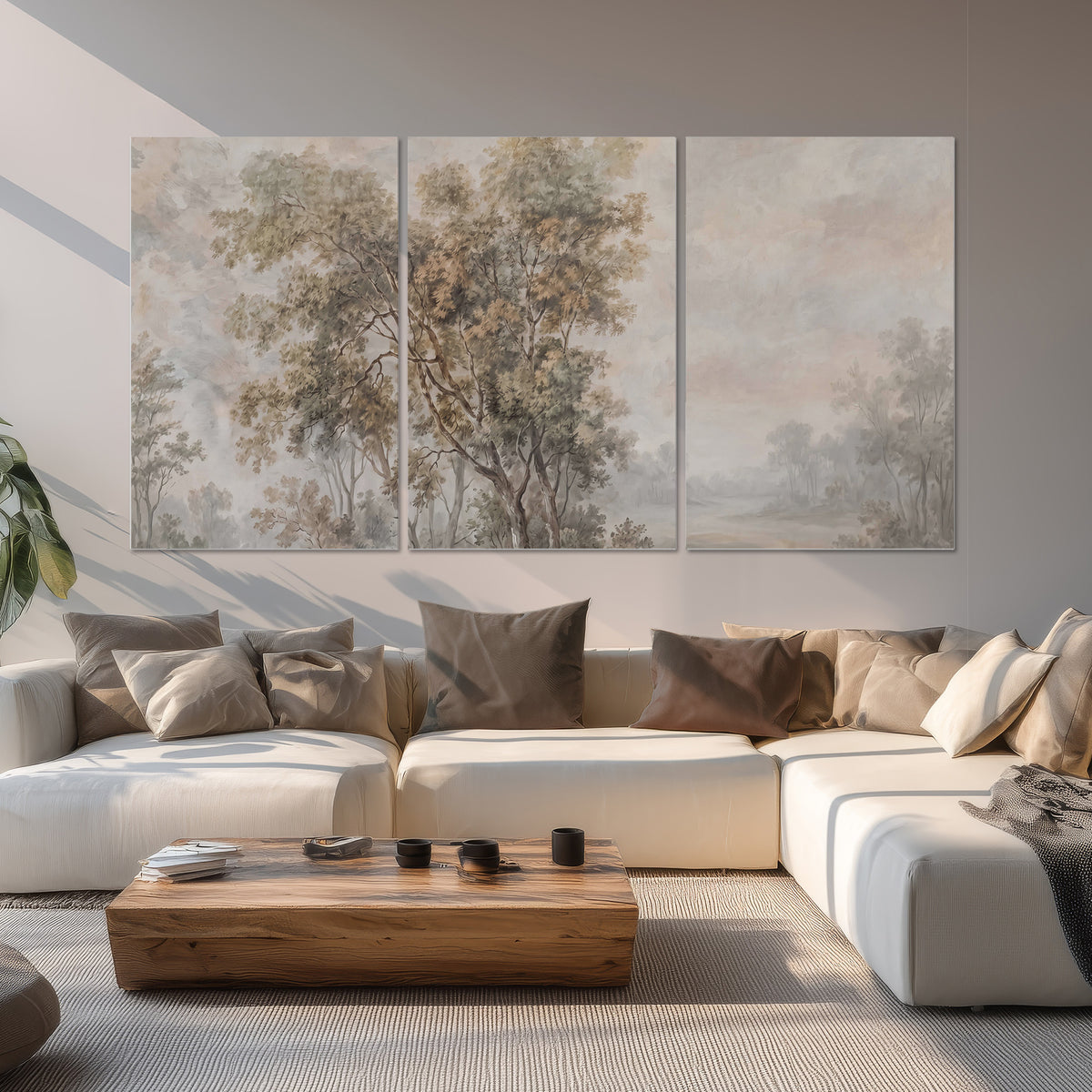 Delicate golden foliage and a hazy pastel countryside set of 3 poster prints displayed in a living room