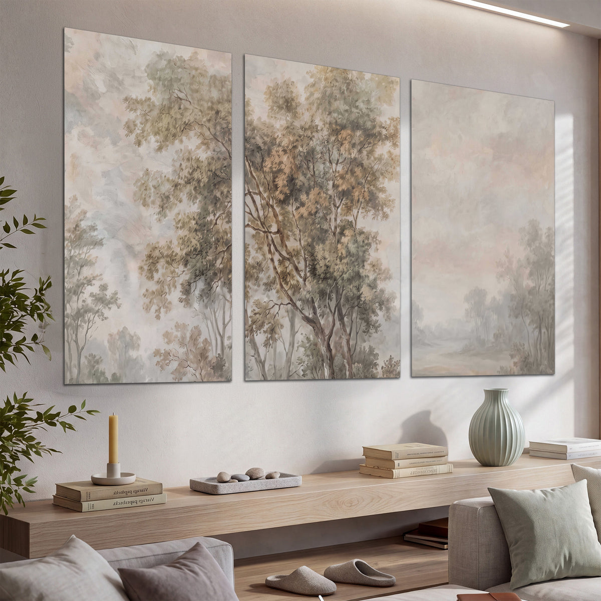 Delicate golden foliage and a hazy pastel countryside set of 3 poster prints displayed in a console