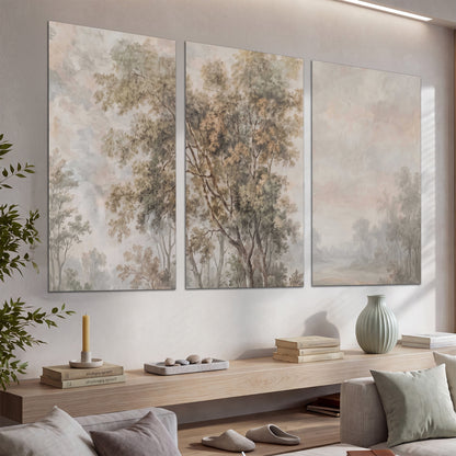 Delicate golden foliage and a hazy pastel countryside set of 3 poster prints displayed in a console