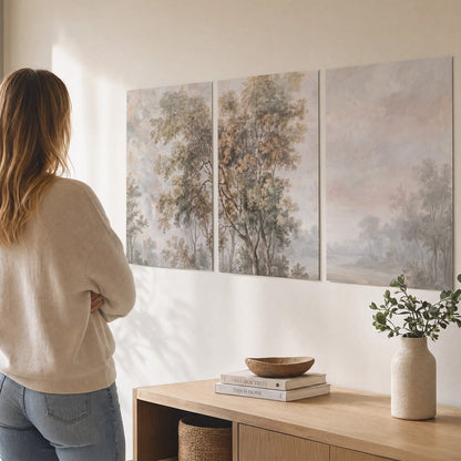 Delicate golden foliage and a hazy pastel countryside set of 3 poster prints three panel arrangement on a wall