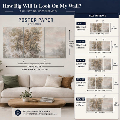 Delicate golden foliage and a hazy pastel countryside set of 3 poster prints size guide above a sofa; room view is illustrative