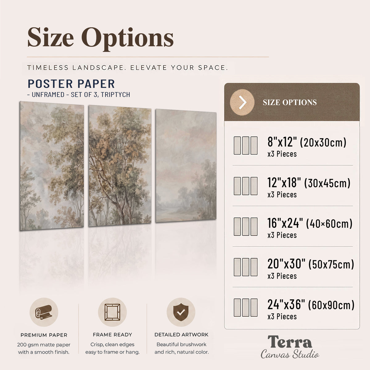 Delicate golden foliage and a hazy pastel countryside set of 3 poster prints available dimensions; triptych dimensions are per panel