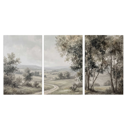 A quiet winding road through gray-green rolling hills 3 piece canvas wall art viewed straight on