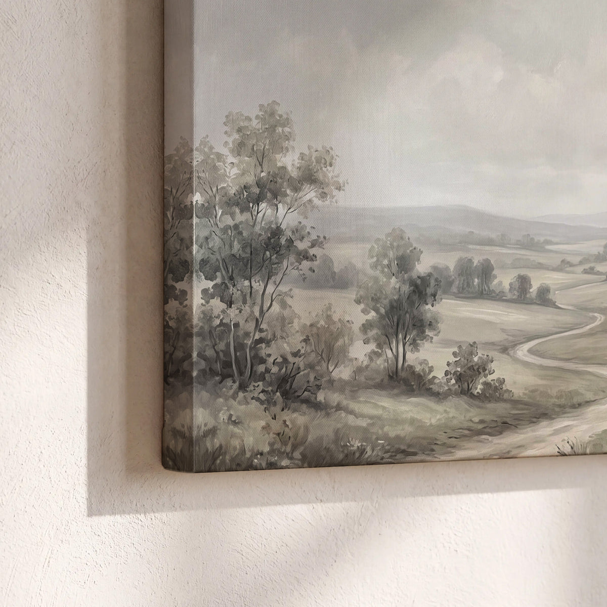 A quiet winding road through gray-green rolling hills 3 piece canvas wall art material and edge close up