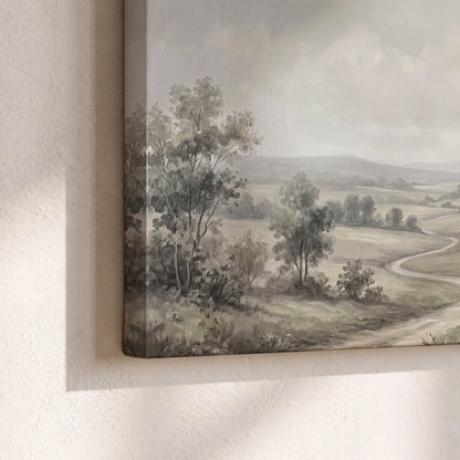 A quiet winding road through gray-green rolling hills 3 piece canvas wall art material and edge close up
