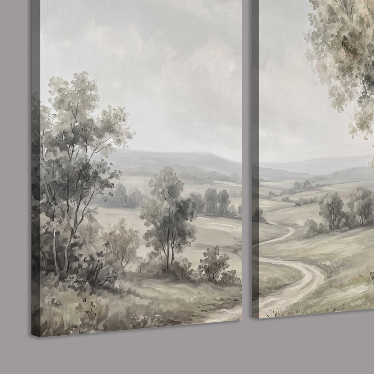 A quiet winding road through gray-green rolling hills 3 piece canvas wall art room and product view