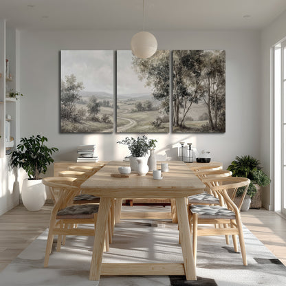 A quiet winding road through gray-green rolling hills 3 piece canvas wall art room and product view