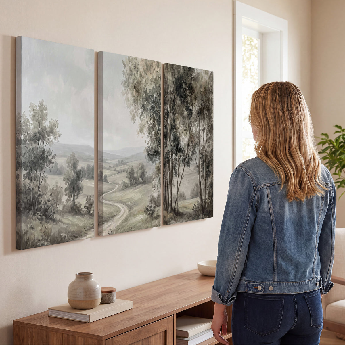 A quiet winding road through gray-green rolling hills 3 piece canvas wall art three panel arrangement on a wall