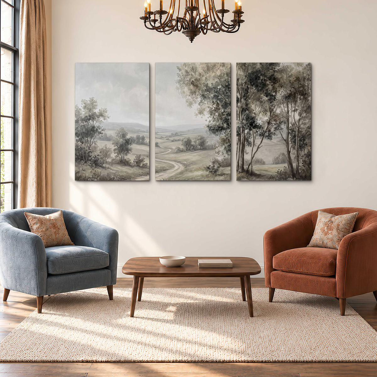 A quiet winding road through gray-green rolling hills 3 piece canvas wall art styled in an interior