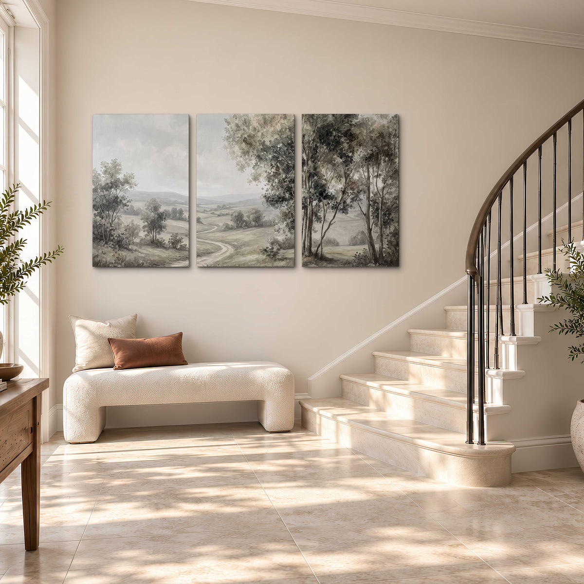 A quiet winding road through gray-green rolling hills 3 piece canvas wall art styled in an interior