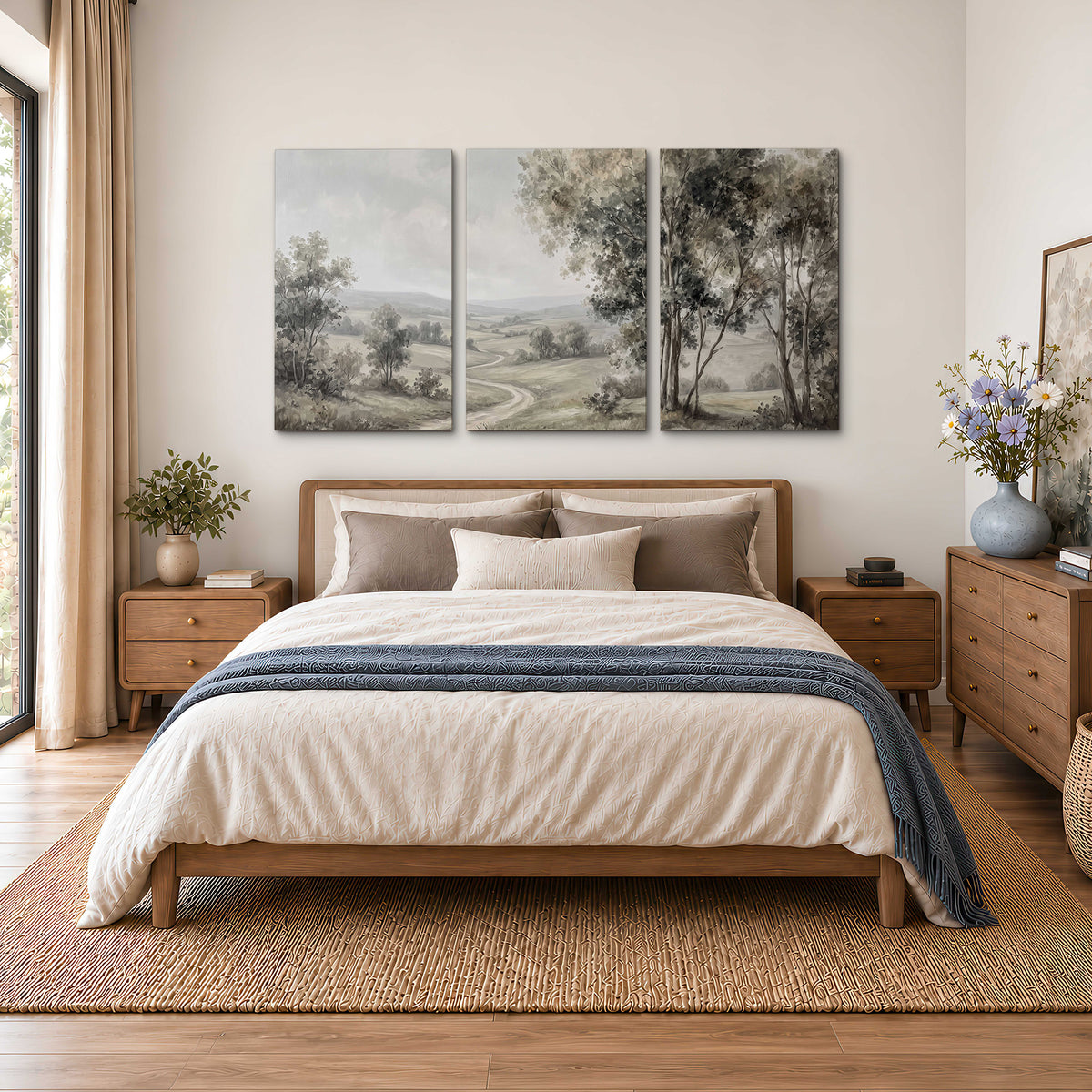 A quiet winding road through gray-green rolling hills 3 piece canvas wall art styled in an interior