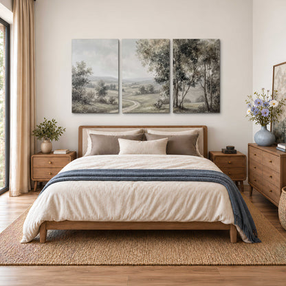 A quiet winding road through gray-green rolling hills 3 piece canvas wall art styled in an interior