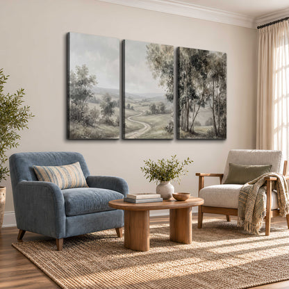 A quiet winding road through gray-green rolling hills 3 piece canvas wall art styled in an interior