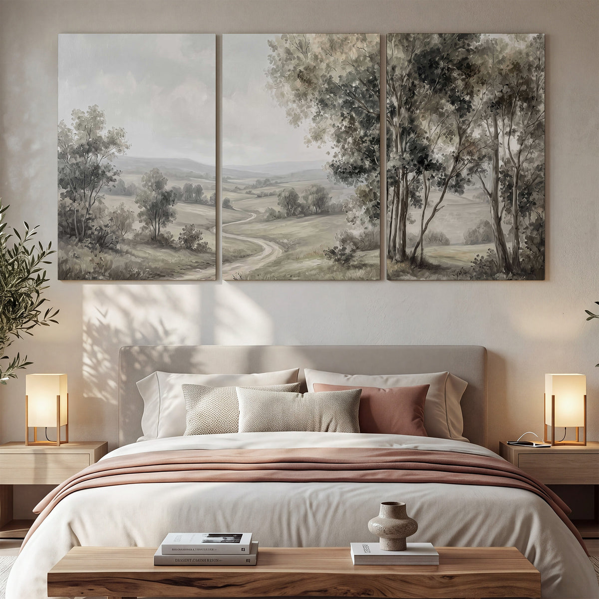 A quiet winding road through gray-green rolling hills 3 piece canvas wall art displayed in a bedroom