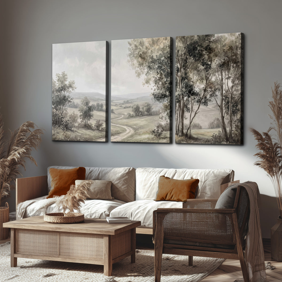 A quiet winding road through gray-green rolling hills 3 piece canvas wall art displayed in a rustic living room