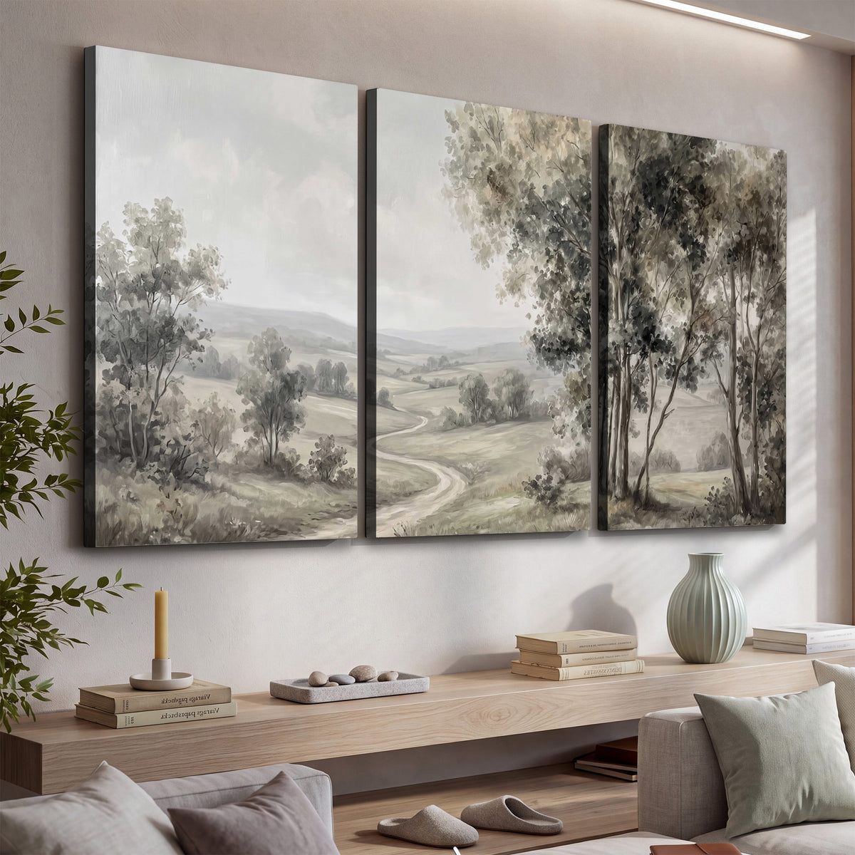 A quiet winding road through gray-green rolling hills 3 piece canvas wall art displayed in a console