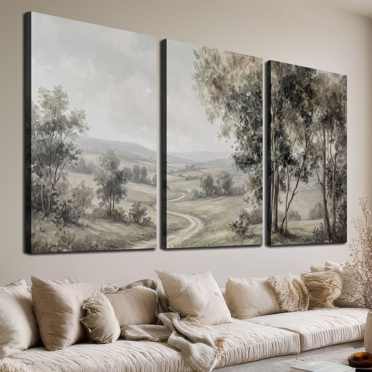 A quiet winding road through gray-green rolling hills 3 piece canvas wall art room and product view