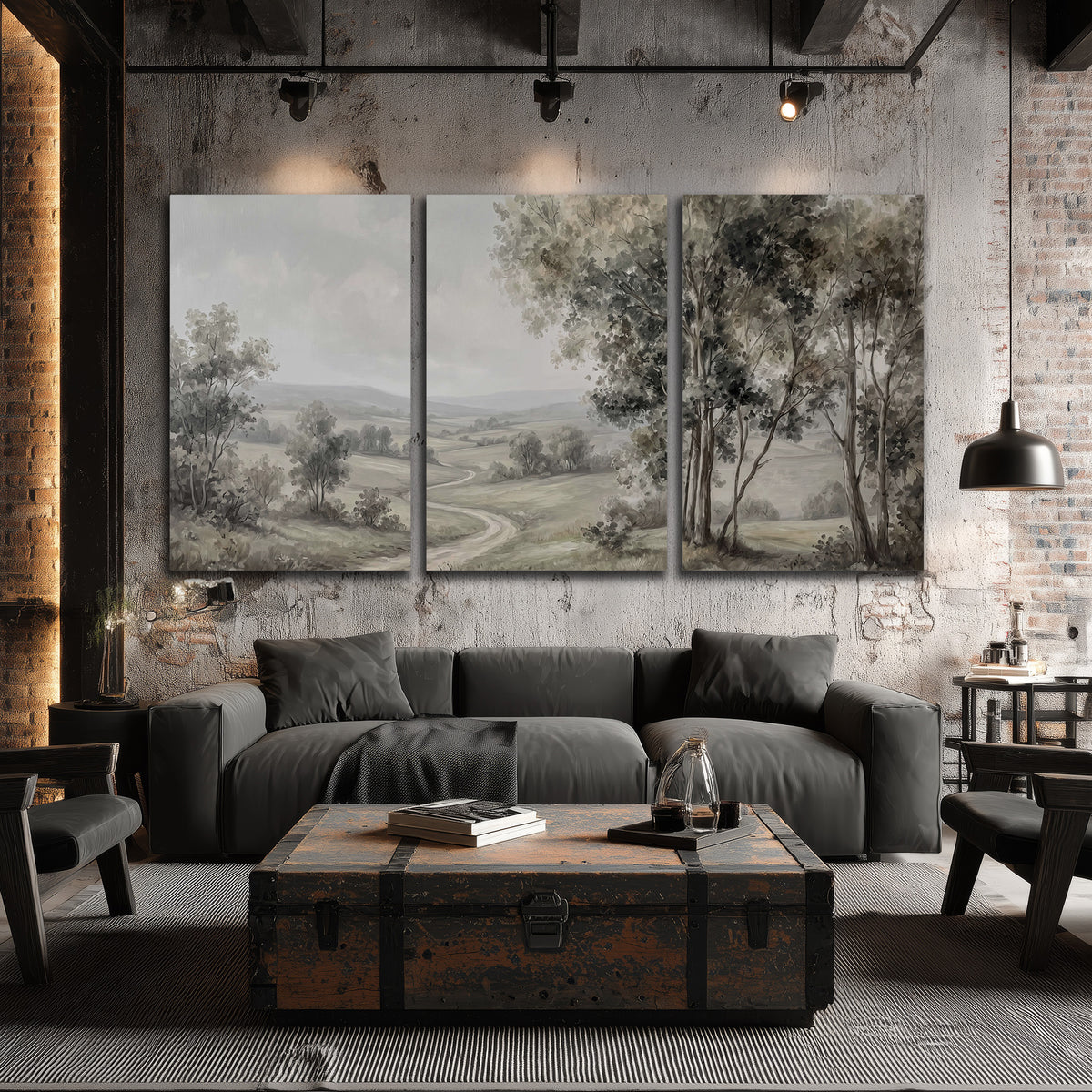 A quiet winding road through gray-green rolling hills 3 piece canvas wall art displayed in a industrial room