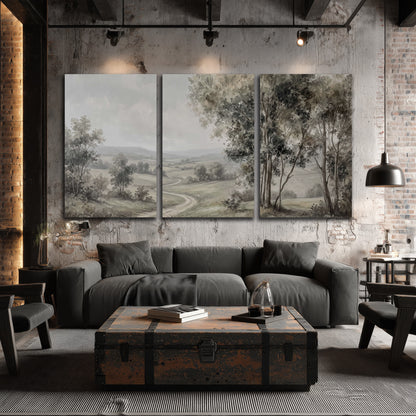 A quiet winding road through gray-green rolling hills 3 piece canvas wall art displayed in a industrial room