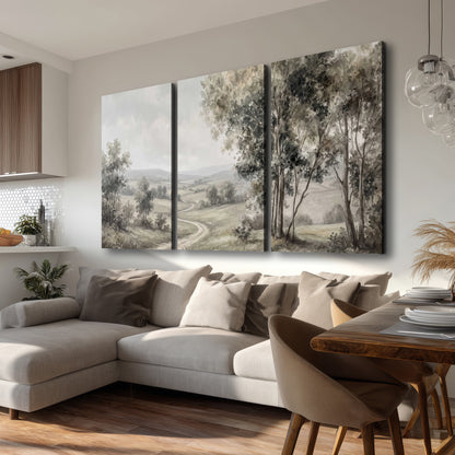 A quiet winding road through gray-green rolling hills 3 piece canvas wall art room and product view