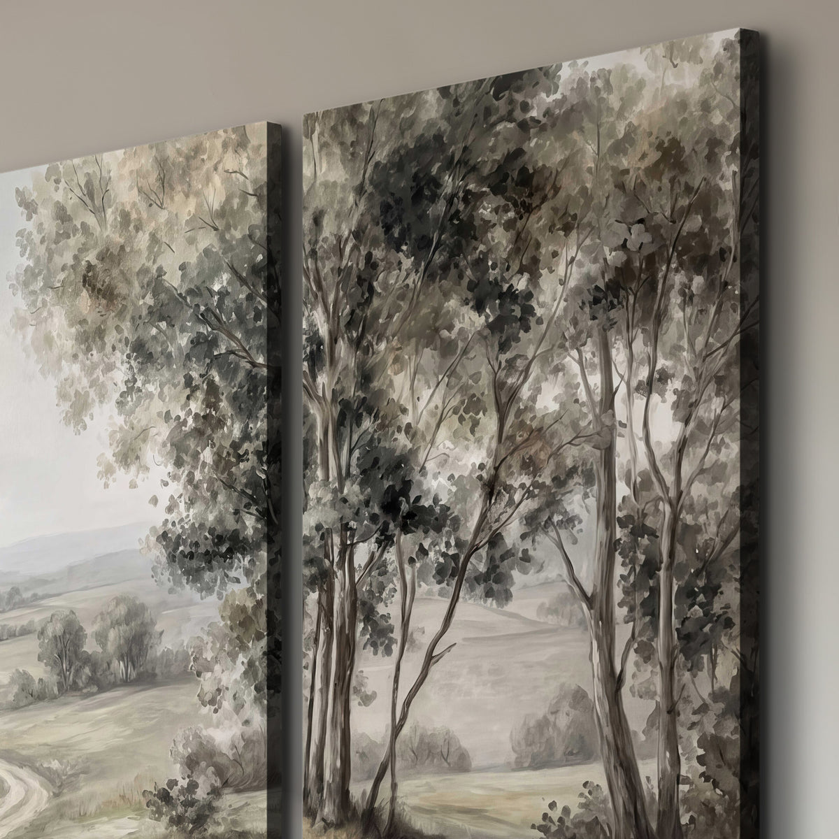 A quiet winding road through gray-green rolling hills 3 piece canvas wall art room and product view