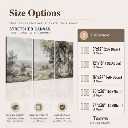 A quiet winding road through gray-green rolling hills 3 piece canvas wall art available dimensions; triptych dimensions are per panel