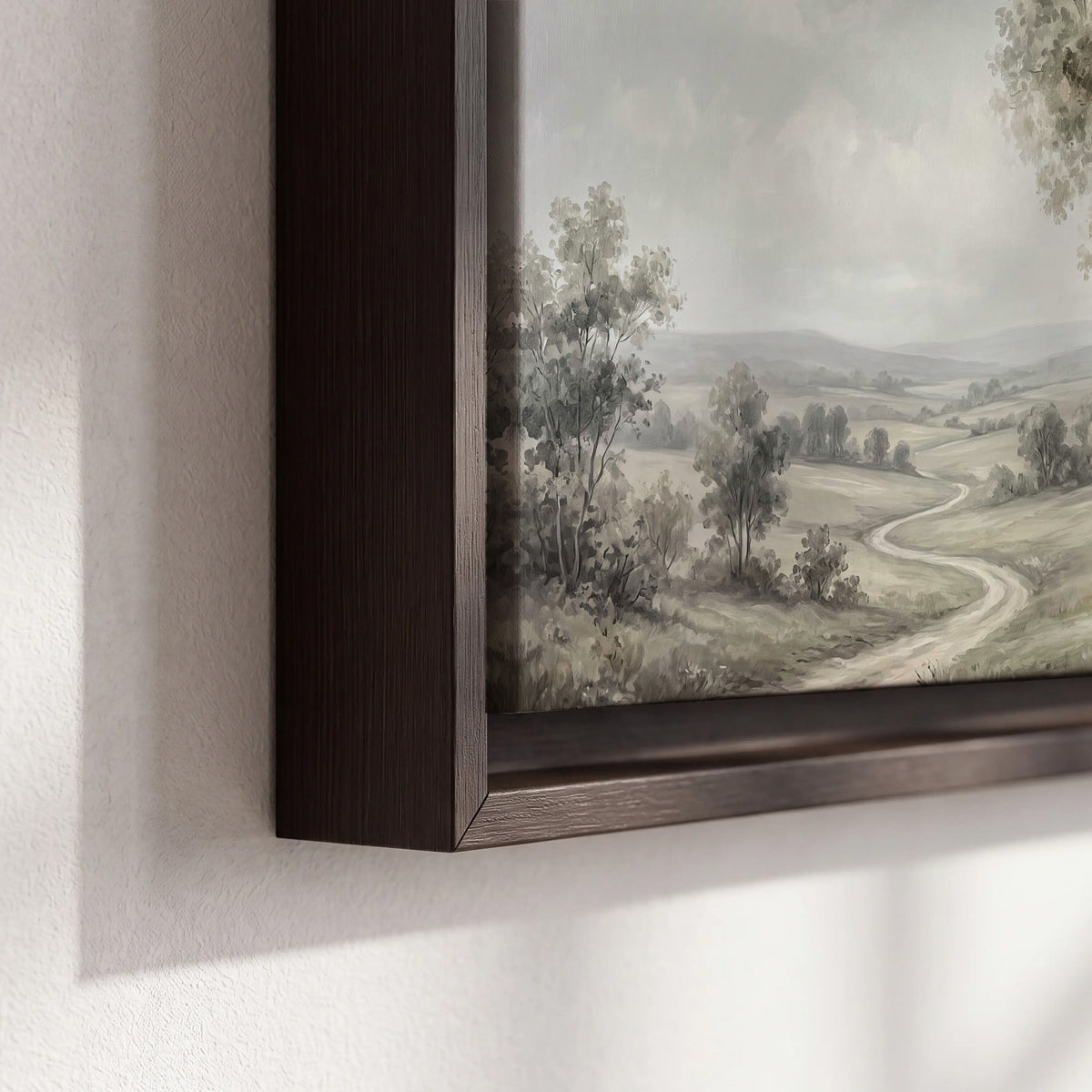 A quiet winding road through gray-green rolling hills 3 piece framed canvas wall art material and edge close up