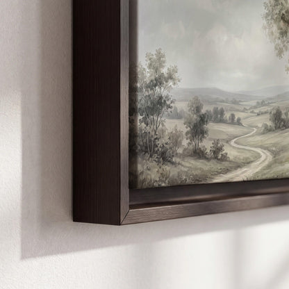 A quiet winding road through gray-green rolling hills 3 piece framed canvas wall art material and edge close up