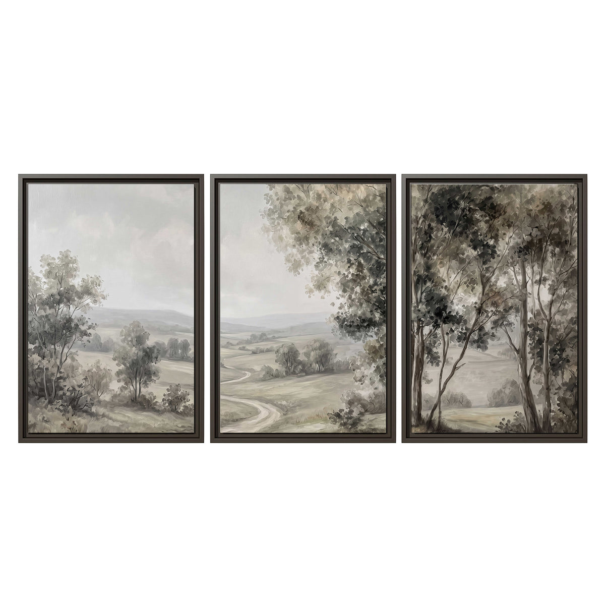 A quiet winding road through gray-green rolling hills 3 piece framed canvas wall art viewed straight on