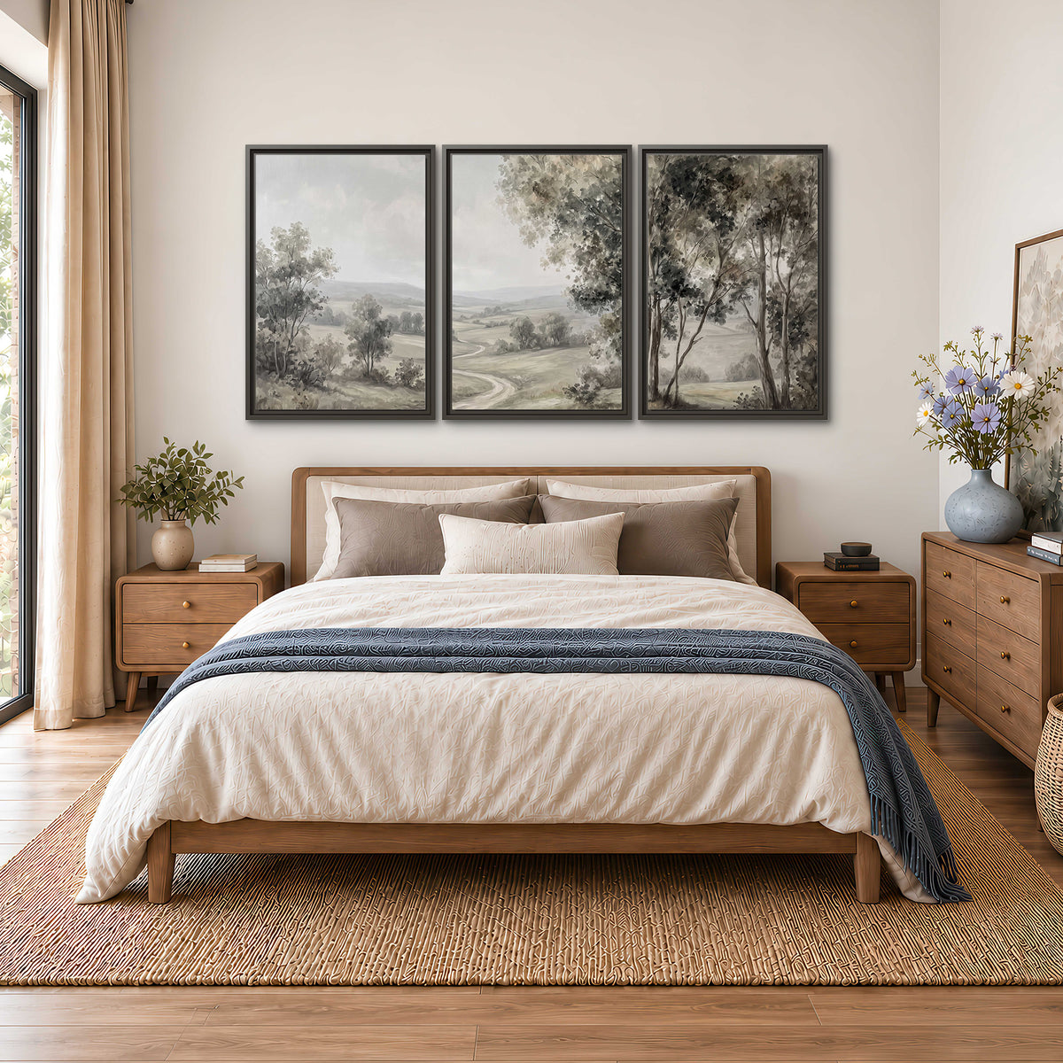 A quiet winding road through gray-green rolling hills 3 piece framed canvas wall art styled in an interior