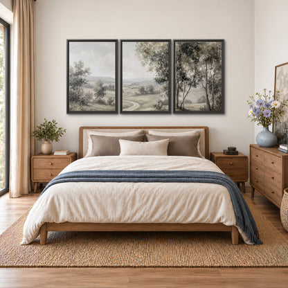A quiet winding road through gray-green rolling hills 3 piece framed canvas wall art styled in an interior
