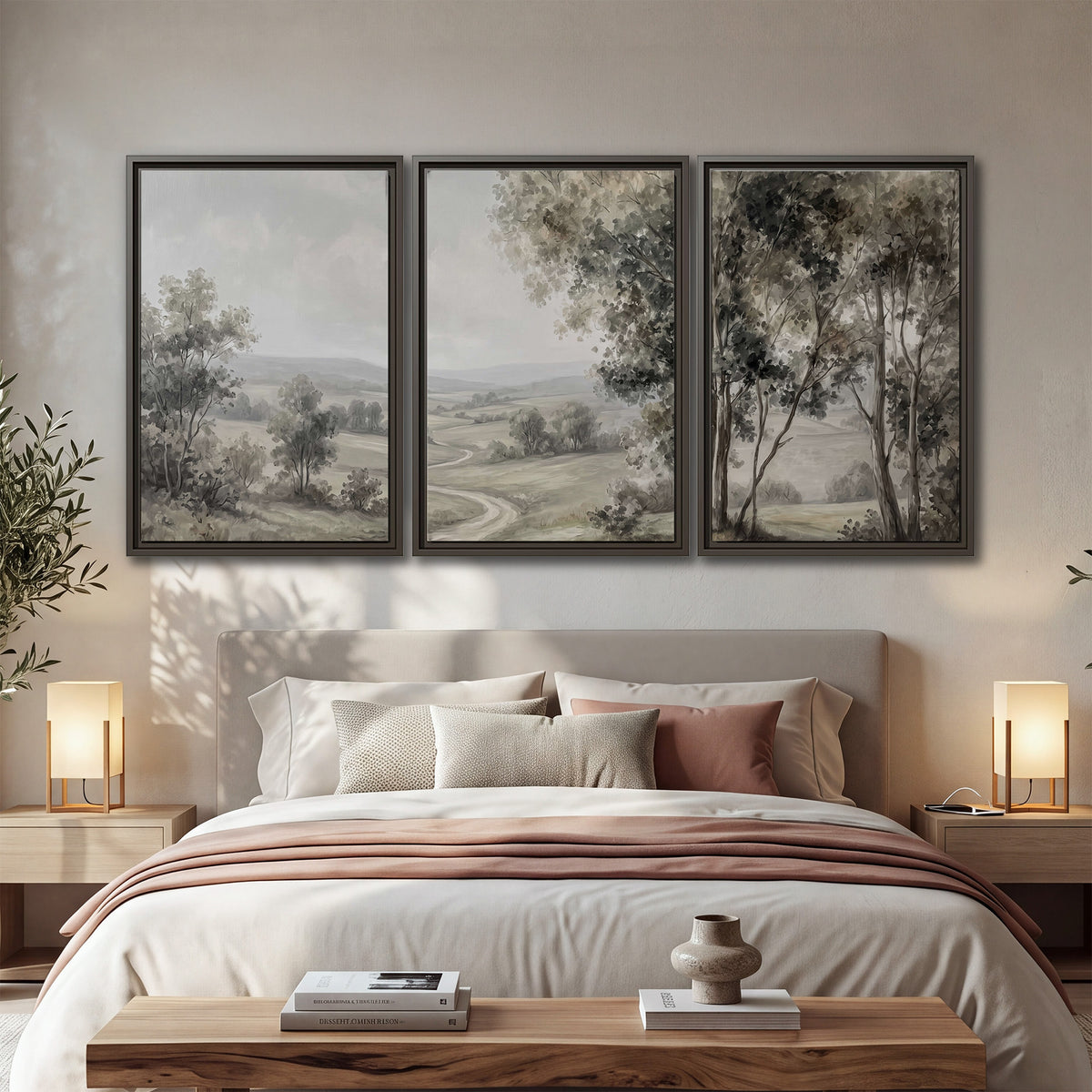 A quiet winding road through gray-green rolling hills 3 piece framed canvas wall art displayed in a bedroom