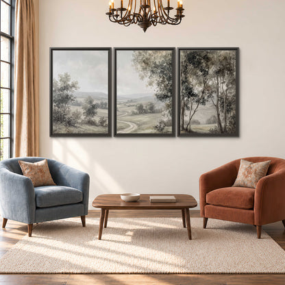 A quiet winding road through gray-green rolling hills 3 piece framed canvas wall art styled in an interior