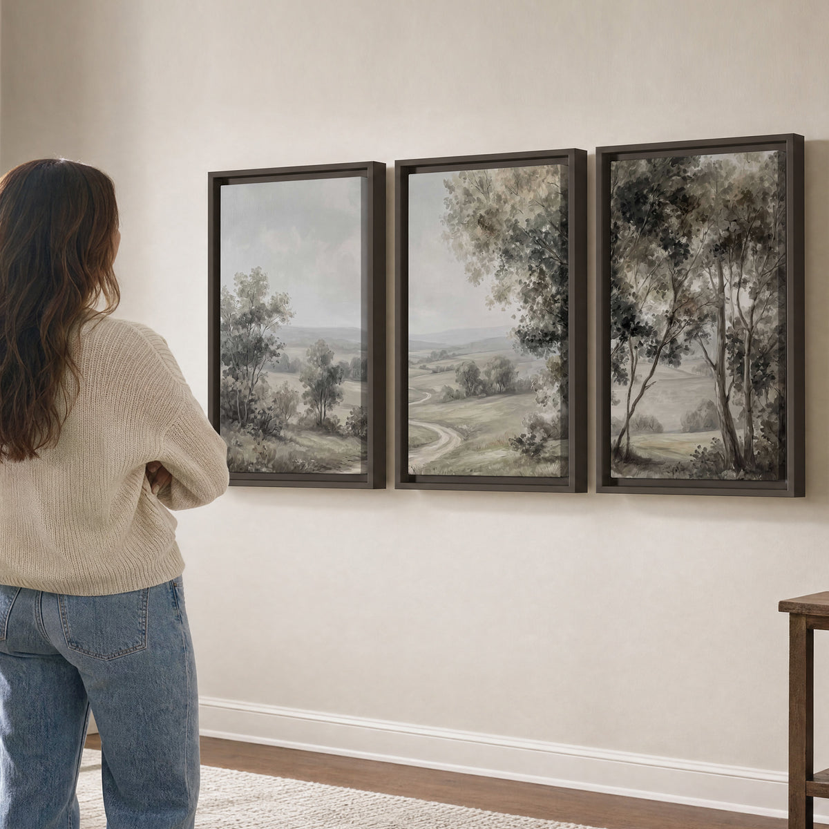 A quiet winding road through gray-green rolling hills 3 piece framed canvas wall art three panel arrangement on a wall