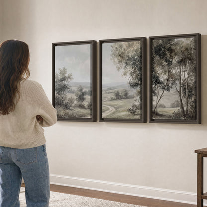 A quiet winding road through gray-green rolling hills 3 piece framed canvas wall art three panel arrangement on a wall