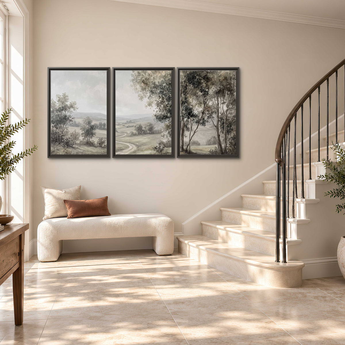 A quiet winding road through gray-green rolling hills 3 piece framed canvas wall art styled in an interior