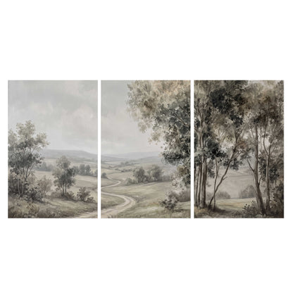 A quiet winding road through gray-green rolling hills set of 3 poster prints viewed straight on