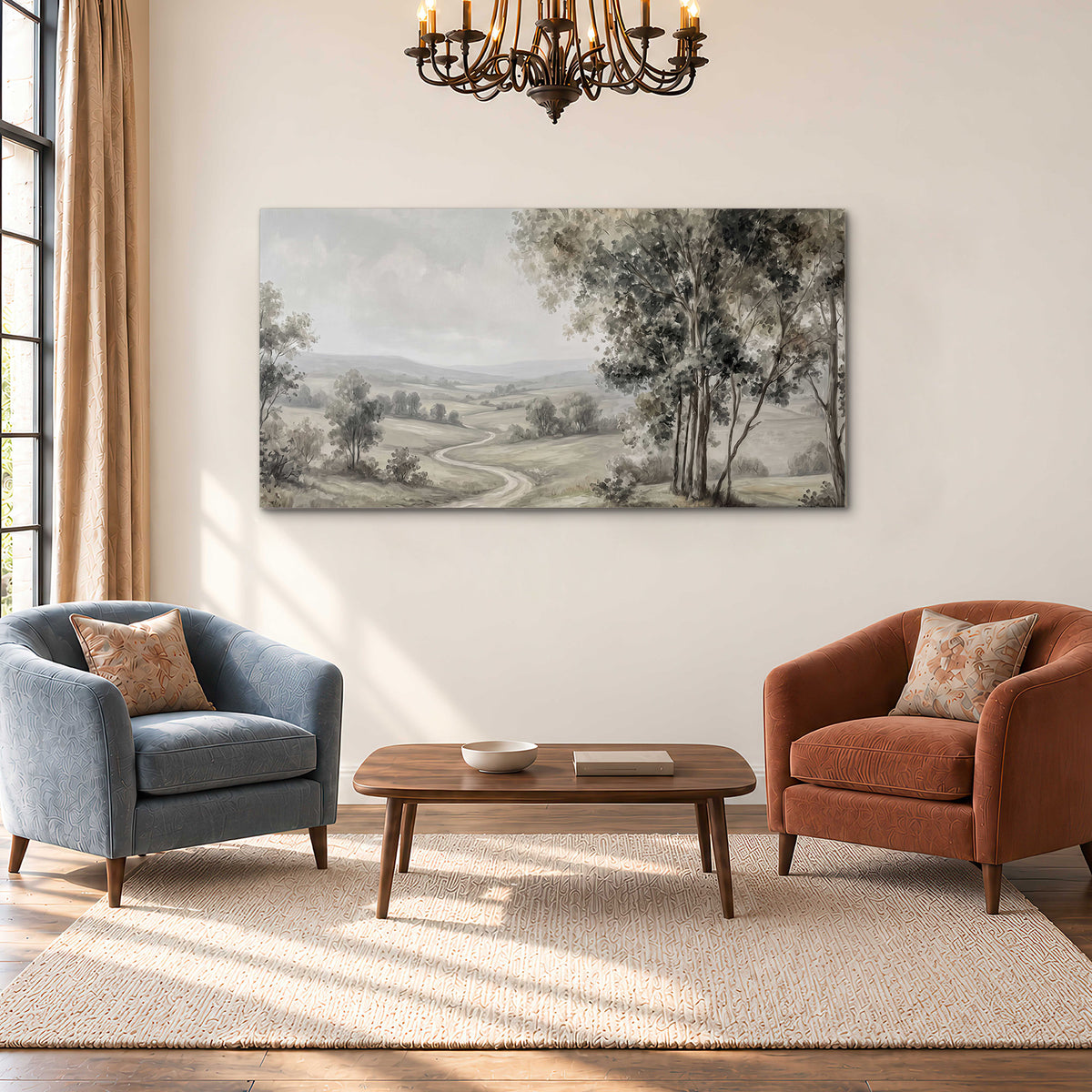 A quiet winding road through gray-green rolling hills single canvas wall art styled in an interior