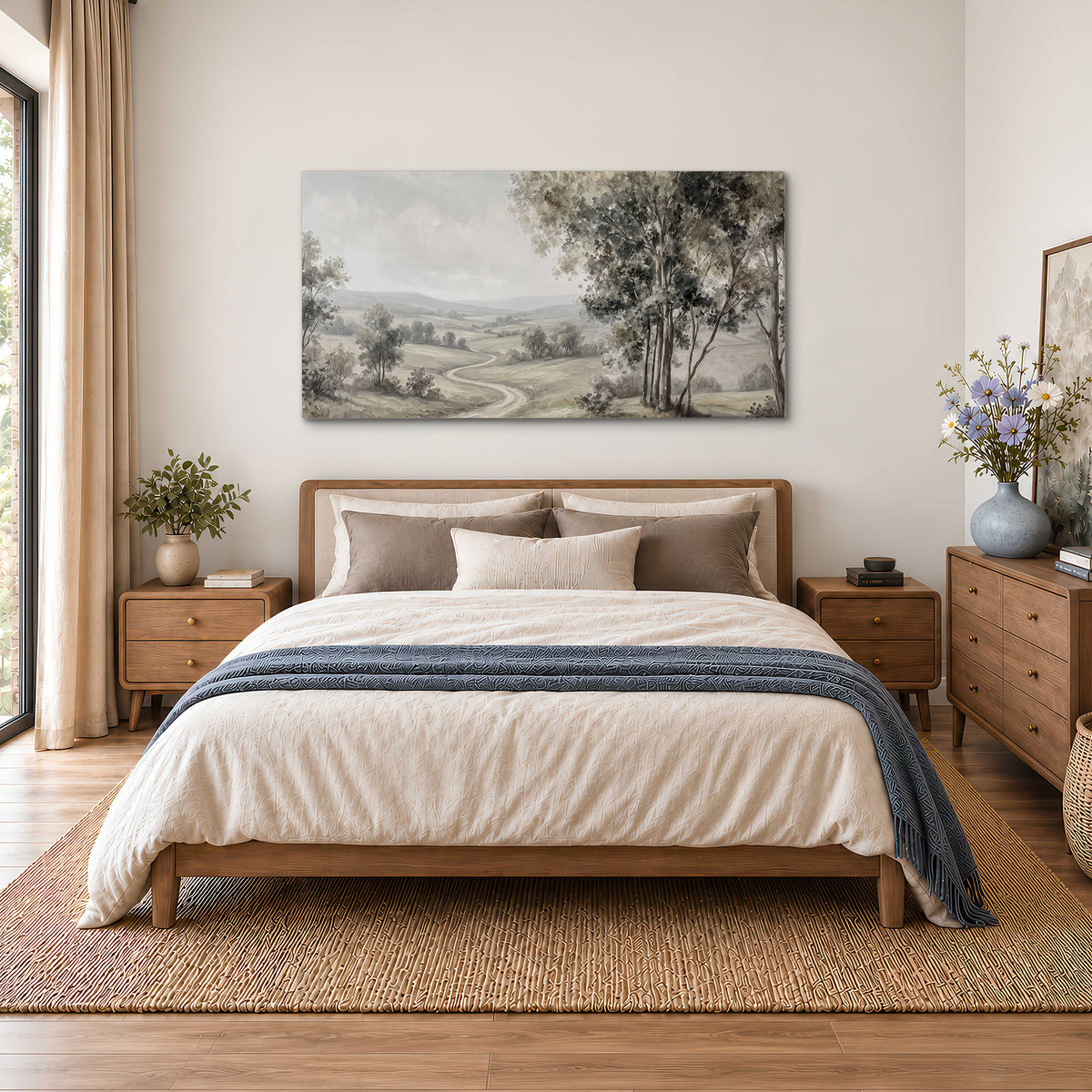 A quiet winding road through gray-green rolling hills single canvas wall art styled in an interior