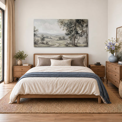 A quiet winding road through gray-green rolling hills single canvas wall art styled in an interior