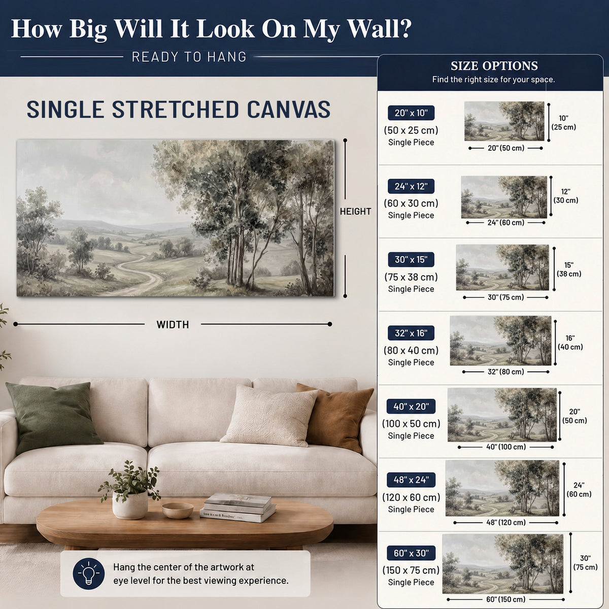 A quiet winding road through gray-green rolling hills single canvas wall art size guide above a sofa; room view is illustrative