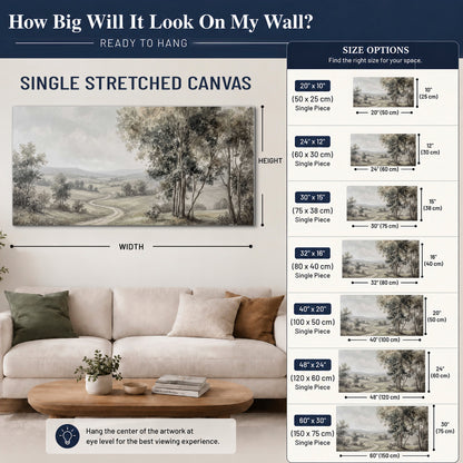 A quiet winding road through gray-green rolling hills single canvas wall art size guide above a sofa; room view is illustrative