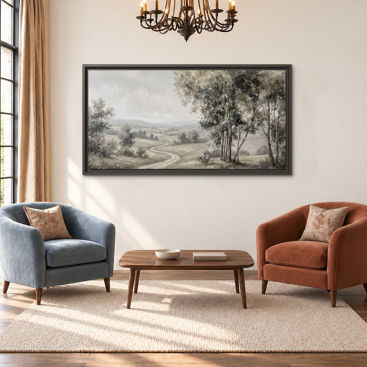 A quiet winding road through gray-green rolling hills single framed canvas wall art styled in an interior