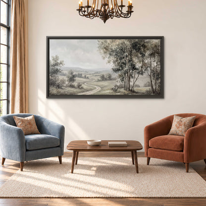 A quiet winding road through gray-green rolling hills single framed canvas wall art styled in an interior