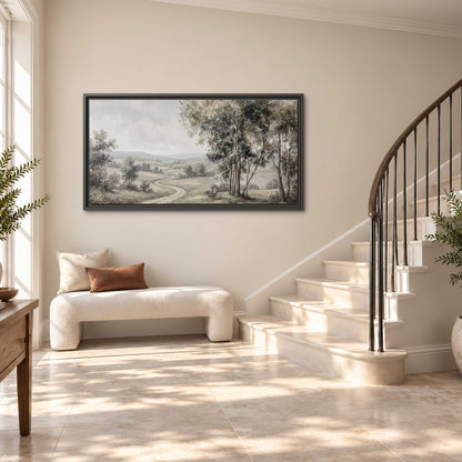 A quiet winding road through gray-green rolling hills single framed canvas wall art styled in an interior